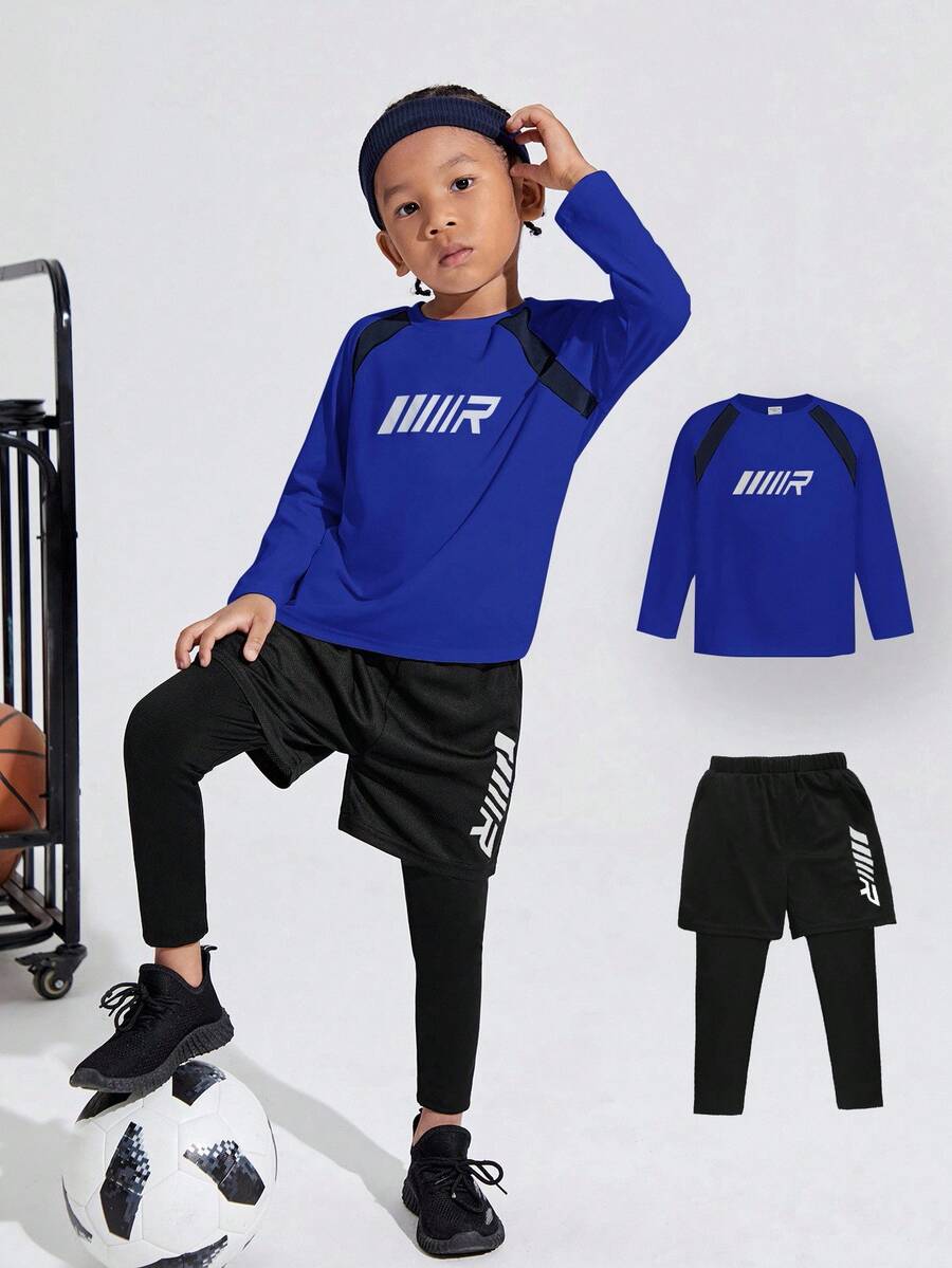 SHEIN Ensemble décontracté 2 pièces pour garçon : T-shirt à manches longues col rond et pantalon, style color block. Tenue de sport pour garçons, vêtements de sport pour enfants - Bleu azur - Voir 1