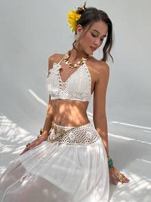 Women's 2-Piece Set: Sleeveless Knit Top With 3D Flowers + Halter Crochet Chiffon Skirt, Tropical Bohemian Design, Ideal For Summer, Beach, Vacation, Autumn And Winter - 白色的 - 查看 7