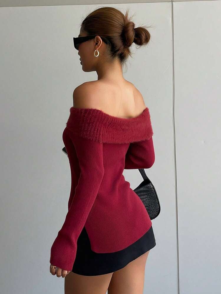1pc Women's Off Shoulder Fitted Fuzzy Sweater, Autumn/Winter,New Year Y2k