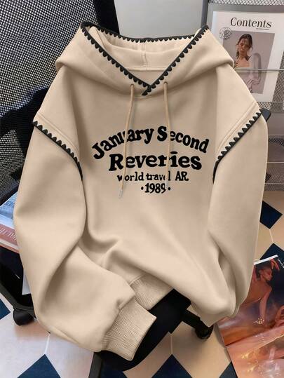 INAWLY 大码女式字母印花抽绳卫衣，饰有花卉滚边，秋冬季休闲卫衣