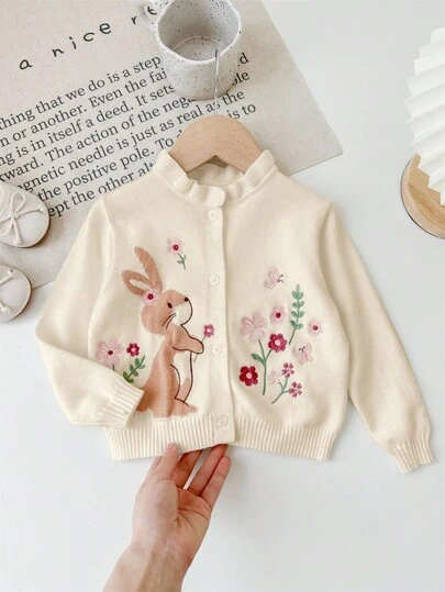 SHEIN Áo len cardigan dài tay họa tiết hoạt hình dễ thương cho bé gái LMoss, đa năng cho mùa thu/đông, thiết kế cho bé gái