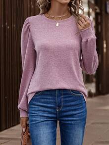 EMERY ROSE Women's Solid Color Round Neck Puff Sleeve Casual Loose T-Shirt - Pink - View 3