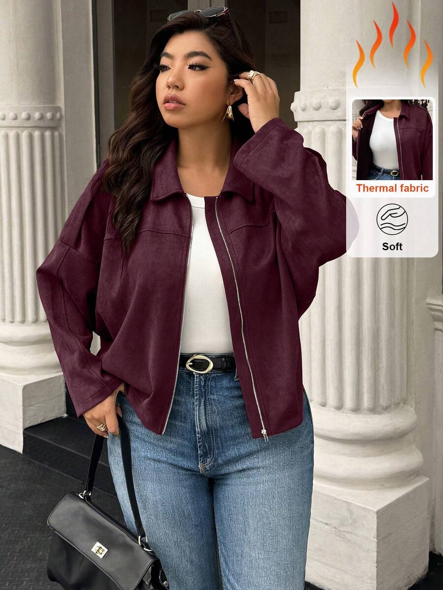 Easura Plus Size Casual Solid Color Drop Shoulder Cropped Jacket, Autumn/Winter Fall - Burgundy - View 1