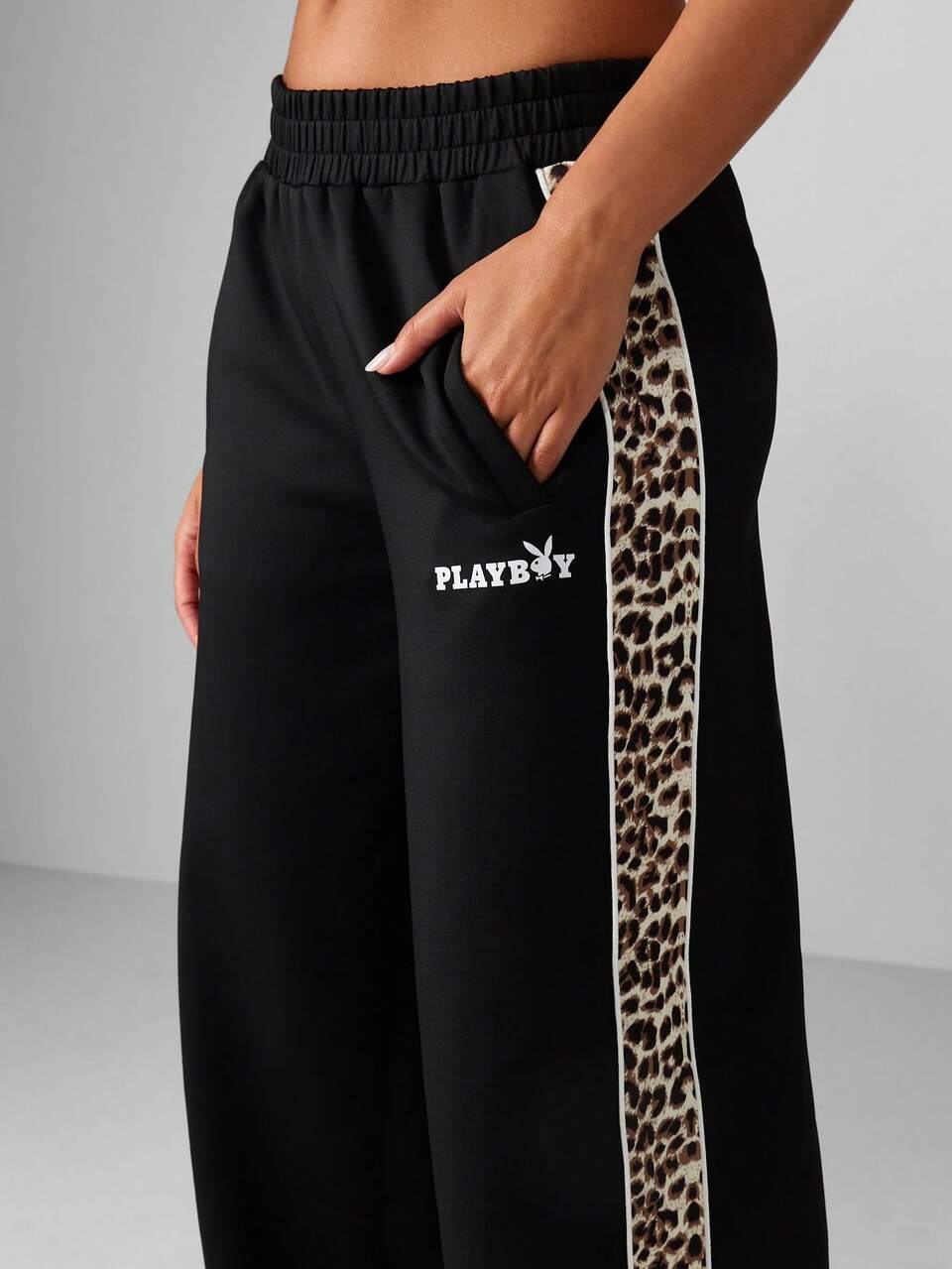 Missguided x Playboy Oversized Wide Leg Joggers With Leopard Print Side Stripe Detail Elastic Waist Track Pants For Casual Streetwear
