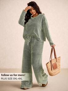 Elaquor Plus Size Casual Loose Long Sleeve Top And Pants 2 Pieces Set