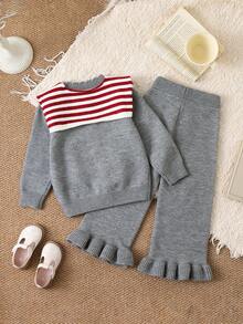 SHEIN Playful Pals 3件組幼女小女孩開襟毛衣套裝，可拆卸彩虹毛球披肩喇叭褲，復古公主娃娃針織返校幼兒園風 - 灰色 - 查看 2