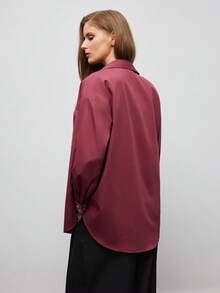 Maija Women's Casual Rhinestone Embellished Pocket Front Button Long Sleeve Shirt, Autumn, Winter, Christmas Party Shirt, New Year, Red Shirt, Thanksgiving Shirt, Elegant Party Shirt - Red Violet - View 6