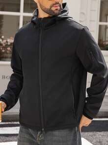 Manfinity Homme Áo khoác gió ngoài trời có mũ trùm đầu, màu trơn, có khóa kéo, dành cho nam, thu đông, áo khoác lót nhiệt - màu đen - Xem 1