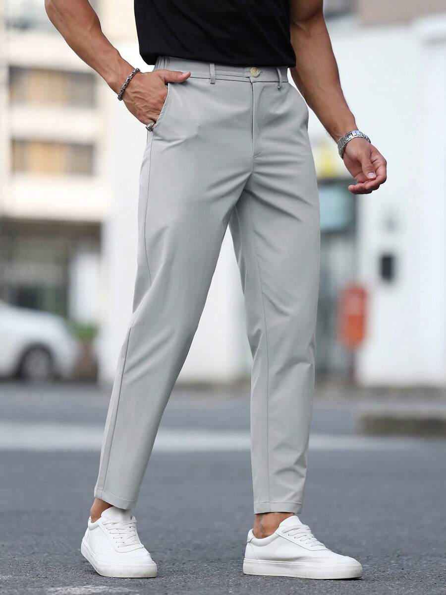 Calvornis 男士纯色口袋细节休闲商务通勤长裤,夏季 - 霧霾藍 - 查看 1