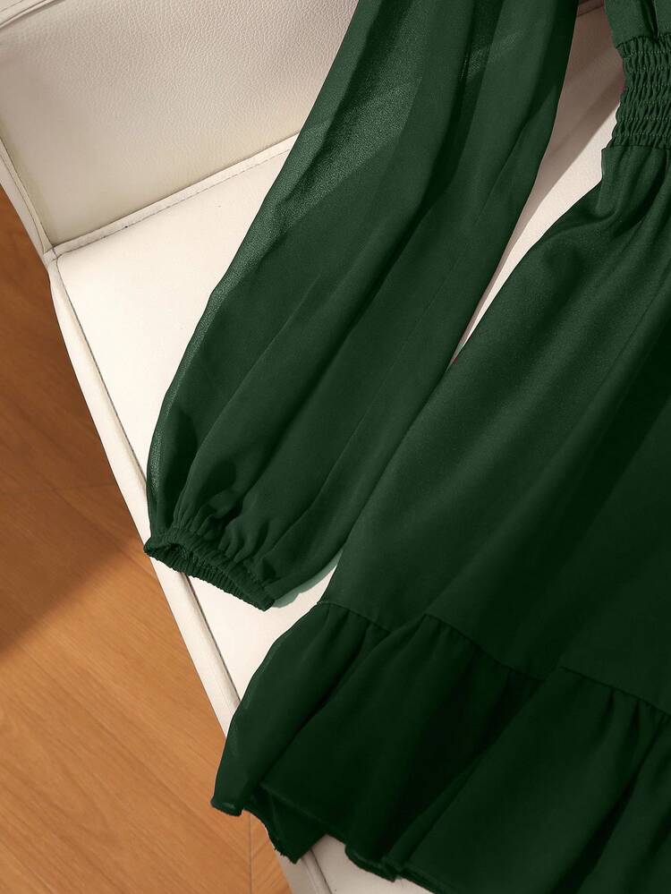 GlowEve Vestido corto casual de mujer con cuello en V, volantes y lazo en la cintura - Verde militar - Añade 6