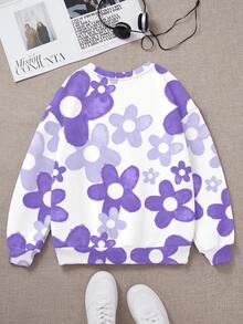 SHEIN Leap Crew 少女可爱卡通蓝色兔子和史迪奇图案，紫色渐变花卉，校园街头风，休闲宽松保暖圆领卫衣，适合秋冬季、度假、阳光之旅、休闲春季、夏季出游 - 彩色 - 查看 2