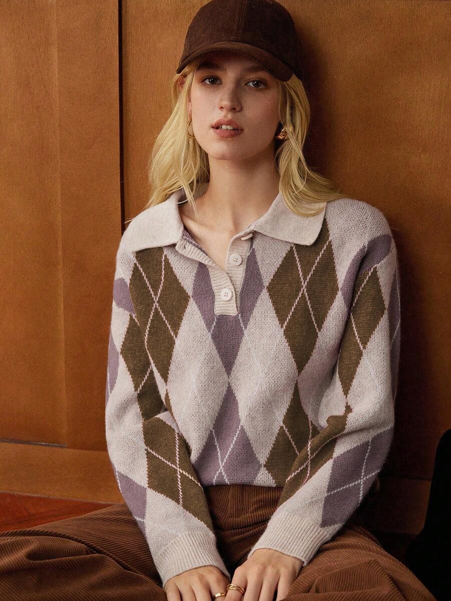 Écloséra French Retro Loose Polo Collar Long Sleeve Knitted Contrast Diamond Pattern Half-Button Design Khaki Women Pullover Sweater, Autumn/Winter - Brown - View 1