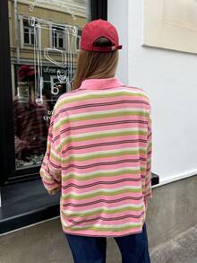 Muvela Áo nỉ polo tay dài kẻ sọc dáng rộng phong cách Giáng sinh dành cho nữ, phong cách đại học cổ điển, trang phục thường ngày thoải mái, tối giản, phù hợp để đi sân bay, những ngày lười biếng, quần áo thu đông cho nữ - Nhiều màu - Xem 3