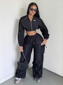Alexandranx Letter Patched Detail Contrast Piping Crop Black Fall Clothes Women Jacket - Black - View 6