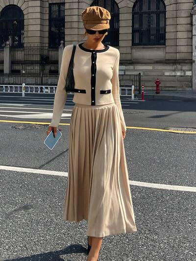 Conjunto de 2 piezas de mujer con cárdigan elegante de color contrastante y falda plisada, para otoño