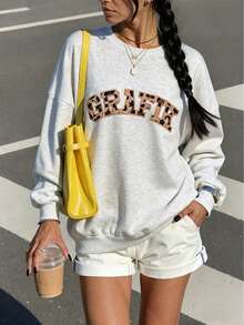 SHEIN Women's GRAFIK Embroidered Crew Neck Long Sleeve Sweatshirt - Grey - View 3