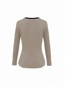 EMERY ROSE Women's Crew Neck Long Sleeve Ribbed Slim Fit Casual T-Shirt - Khaki - View 2