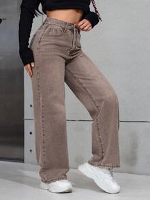 SHEIN ICON 大码女式高腰口袋阔腿复古牛仔裤 - 咖啡棕 - 查看 5