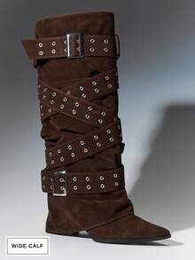 SHUZIA 女式宽筒舒适别致性感仿麂皮及膝高跟靴，带金属扣装饰 - 棕色 - 查看 7