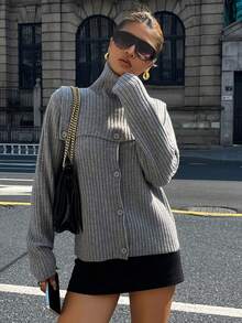 Livesso Women's Autumn 2 Pieces Set High Collar Detachable Shawl Cardigan School - Grey - View 4