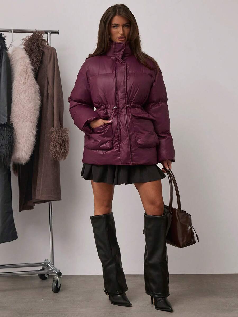SHEIN BAE Women's Drawstring Waist Winter Coat,Burgundy Casual Fashionable Outerwear,Ideal For Cold Weather Occasion,New Year's Attire,Christmas Festive Coat - Burgundy - View 1