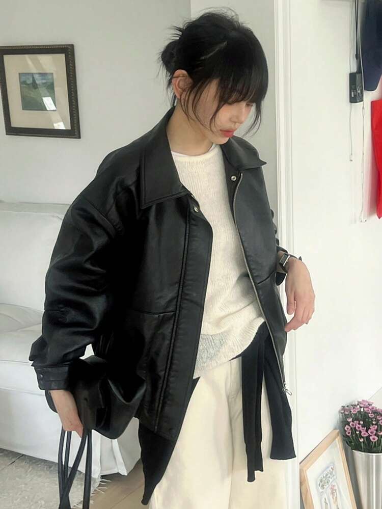 Zip Up Drop Shoulder PU Leather Coat