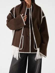 LYSMO Women's Contrast Trim Drop Shoulder Pocket Loose Casual Fashionable Wool Blend Jacket,Coat,Winter - Coffee Brown - View 6