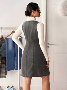 SHEIN Tall 女式休闲水洗前扣牛仔连衣裙 - 黑色 - 查看 2