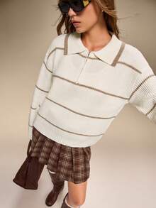 SHEIN 女式条纹拉链 Polo 领落肩长袖休闲毛衣，秋冬 - 白色 - 查看 6