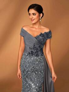 Serin Elegant Luxurious Off Shoulder Embroidered Sequin Lace Patchwork Satin Ruched Fishtail Dress With Side Slit, Suitable For Wedding, Party, Vacation, Prom, Evening Gown, Mother Of The Bride