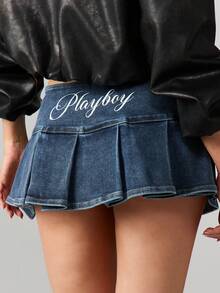 Missguided x Playboy Chân váy denim mini xếp ly có logo - Váy mùa hè dành cho trang phục thường ngày - Màu xanh lam - Xem 5