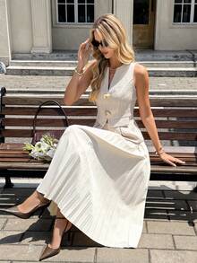 SHEIN Frenchy Women's Off-White Elegant 2-Piece Set,V-Neck Metal Decor Sleeveless Top & Pleated Hem Skirt,Slim A-Line Silhouette,Summer Brunch Vacation Outfits - Apricot - View 6