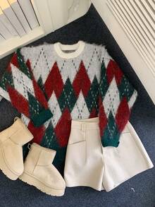 DAZY Women's Christmas Loose Fit Crew Neck Colorblock Plaid Patchwork Christmas Sweater Christmas Vacation Long Sleeve Tops - Multicolor - View 5