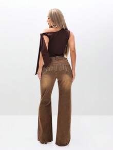 BABYPHAT Tie Detail One Shoulder Top With Rhinestone Embellishment Off Shoulder Blouse For Women - Chocolate Brown - View 6