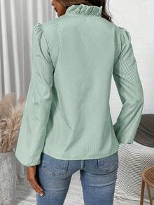 SHEIN LUNE 女式条纹印花荷叶边前扣优雅长袖衬衫 - 橄欖綠 - 查看 2