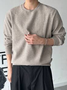 DAZY 男士纯色圆领长袖休闲宽松套头衫，百搭秋季 - 杏色 - 查看 5