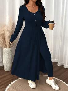 SHEIN LUNE Plus Size Women Solid Color Fuzzy Ribbed Minimalist Casual Autumn/Winter Top And Slim Fit Pants Set - Navy Blue - View 7