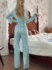 CottageSlumber Women's Pajama Set, Blue Romantic Ditsy Floral, Ribbed Ruffle Trim, Casual Loungewear Light Blue Pajama Set Fall Winter Clothes - Blue - View 3