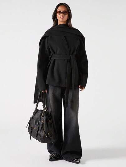 LYSMO 2025 秋冬新款女士简约黑色长袖大衣，配腰带和围巾设计