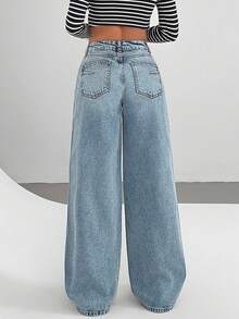 EURMUSE Calça jeans casual com cintura baixa, solta, perna larga e pregas - Lavagem leve - Ver 6