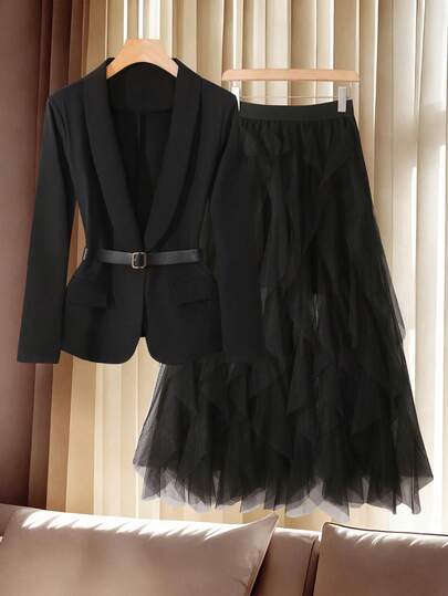 Franclia Plus Size Suit Waist Belt Faux Pocket Spring/Autumn Outfit, Party