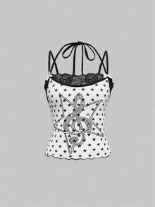 ROMWE Avant Bộ 2 món Y2K Retro Diva Music Note & Star Rhinestone Print Ren Camisole & Mini Skirt dành cho nữ, Thu/Đông - màu đen - Xem 3