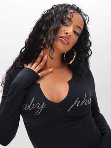 BABYPHAT Rhinestone Studded Long Sleeve Notch Neck Top With Statement Text Design For Fall Winter - Black - View 6