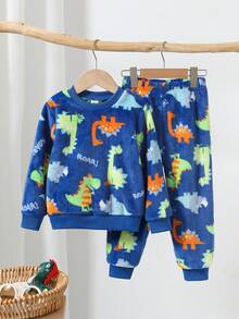 Genkimix Kids 2pcs Young Boy Dinosaur Print Long Sleeve Pajama Set, Fleece Comfortable Homewear - Blue - View 4