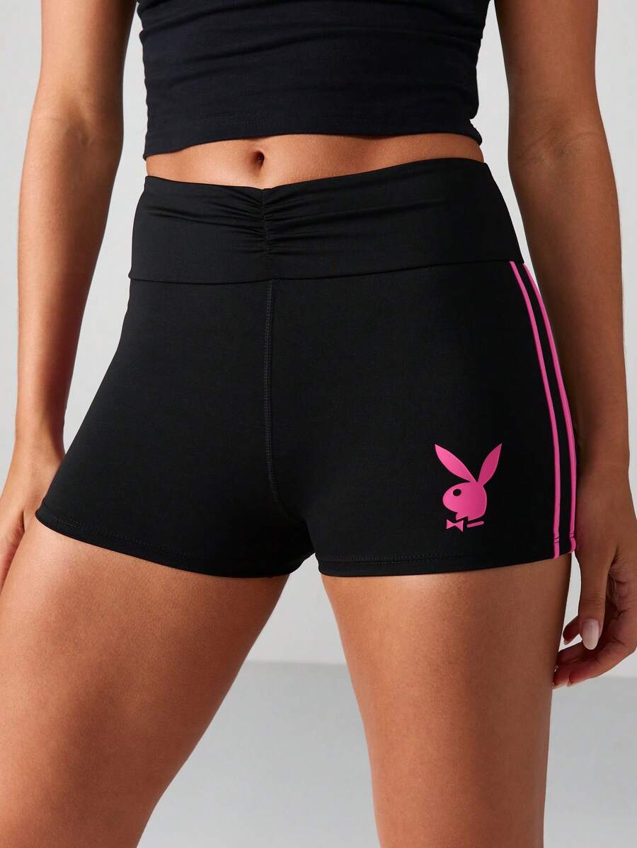 Missguided x Playboy 高腰褶饰短裤，侧条纹，训练，跑步运动服 - 彩色 - 查看 1