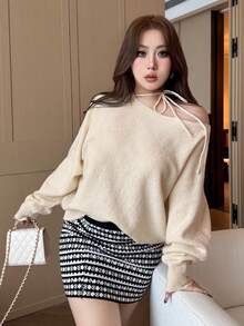 Dazy Plus 大码女式纯色露肩宽松针织套头衫配领带，秋冬 - 杏色 - 查看 5