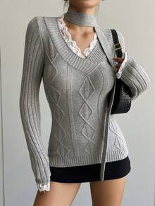 DAZY Pulover cu guler în V și imprimeu petic de dantelă toamnă/iarnă, croială slim fit, stil business casual, stil vintage, potrivit pentru Revelion, Crăciun, nuntă - Gri - Vizualizare 3
