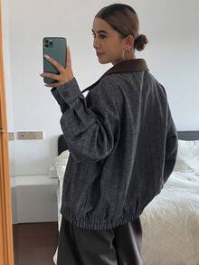 DAZY Women's Loose Fit Plaid Patchwork Wool Blend Jacket, Casual Business Office Wear, Fashion Outdoor Street Style, Autumn/Winter Women Coats - Grey - View 2