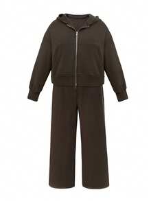 INAWLY Plus Size Women Solid Color Drop Shoulder Long Sleeve Zip Front Hoodie And Pants Casual 2 Piece Set, Autumn - Brown - View 3