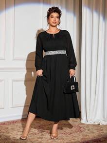 Cravure Plus Size Women Elegant Black Autumn Formal Dinner Evening Chiffon Teardrop Neck Tie Lantern Sleeve Lace Embroidery Sequin Waist Decor Maxi Dress - Black - View 6